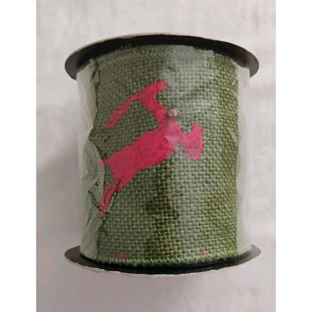 D. Steven’s Burlap Ribbon Embroidered Reindeer Christmas Red & Green 4"X 5Yds.